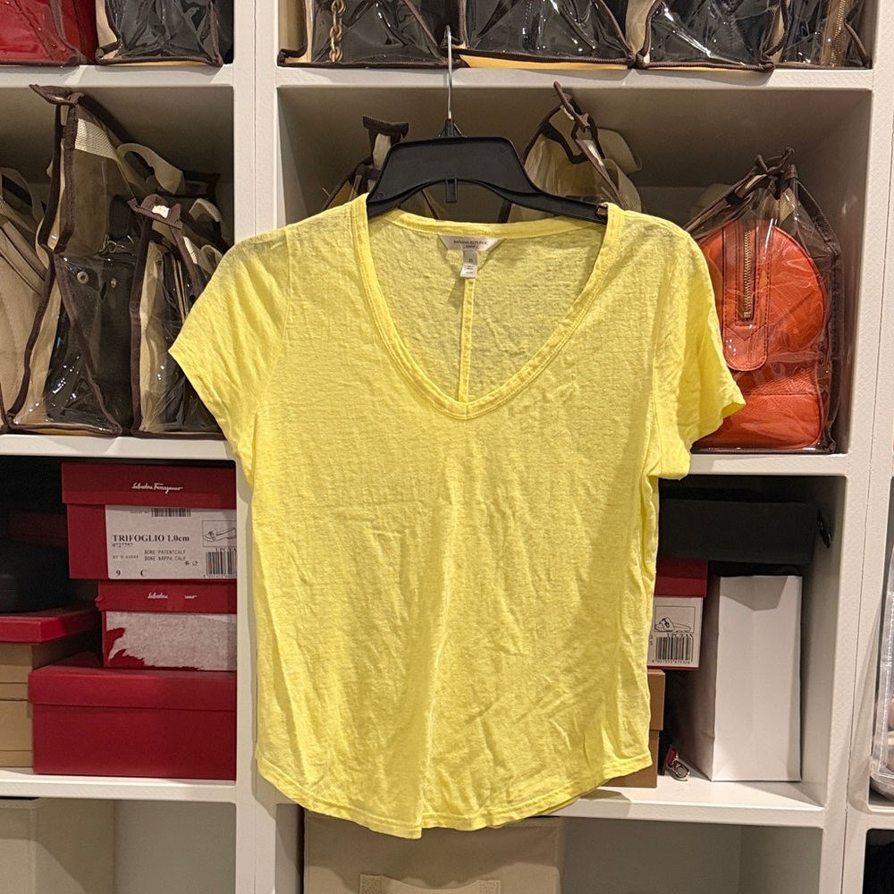 Banana Republic Bright Yellow Linen V-Neck Tee